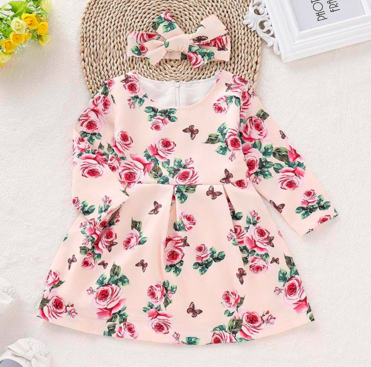 Floral Peach Dress with Matching Headband