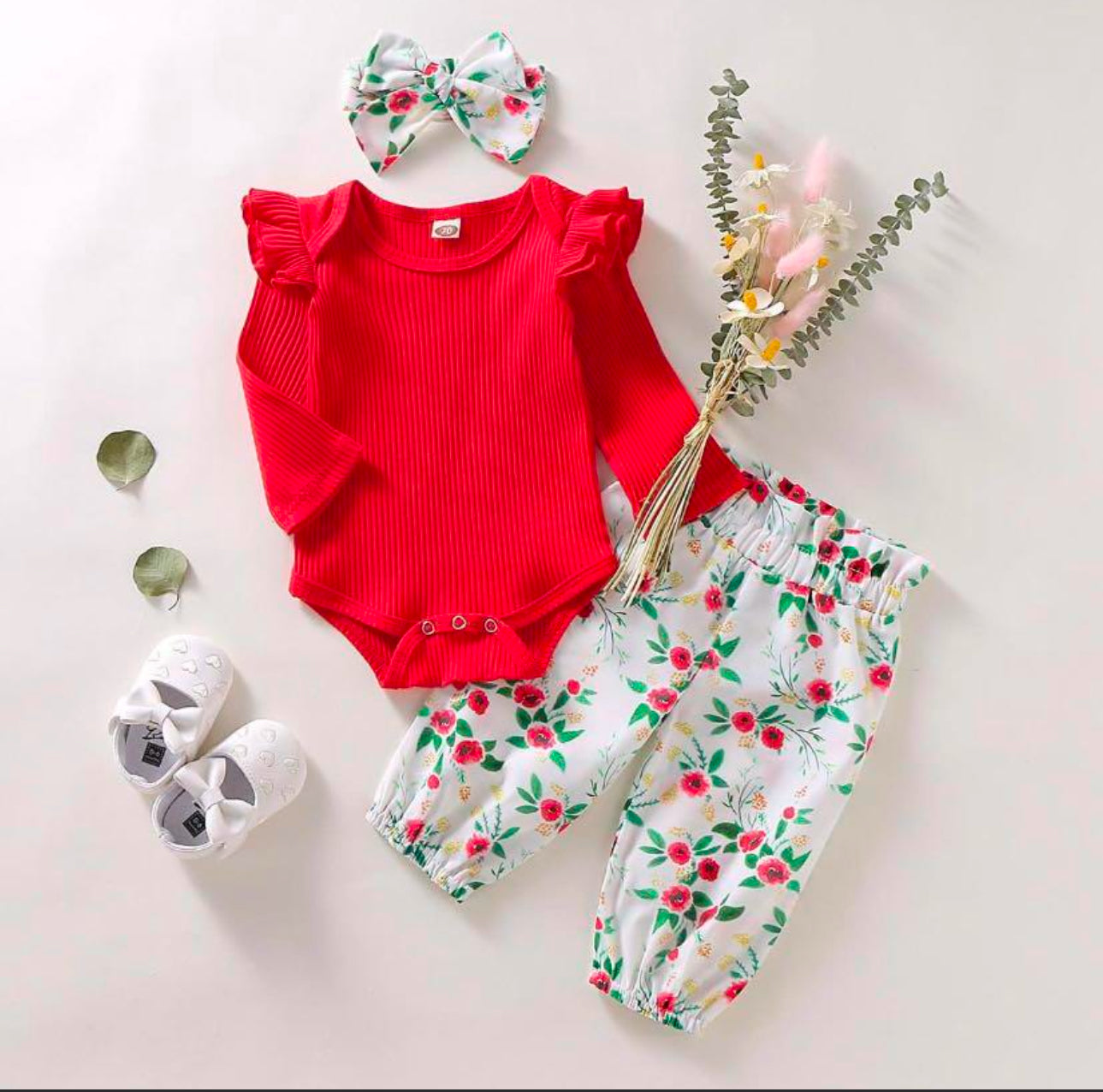 Red Romper with White Floral Pants