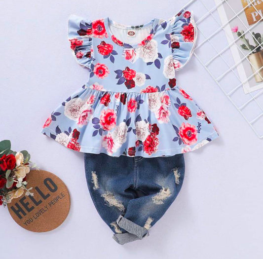 Blue Floral Top with Denim Jeans