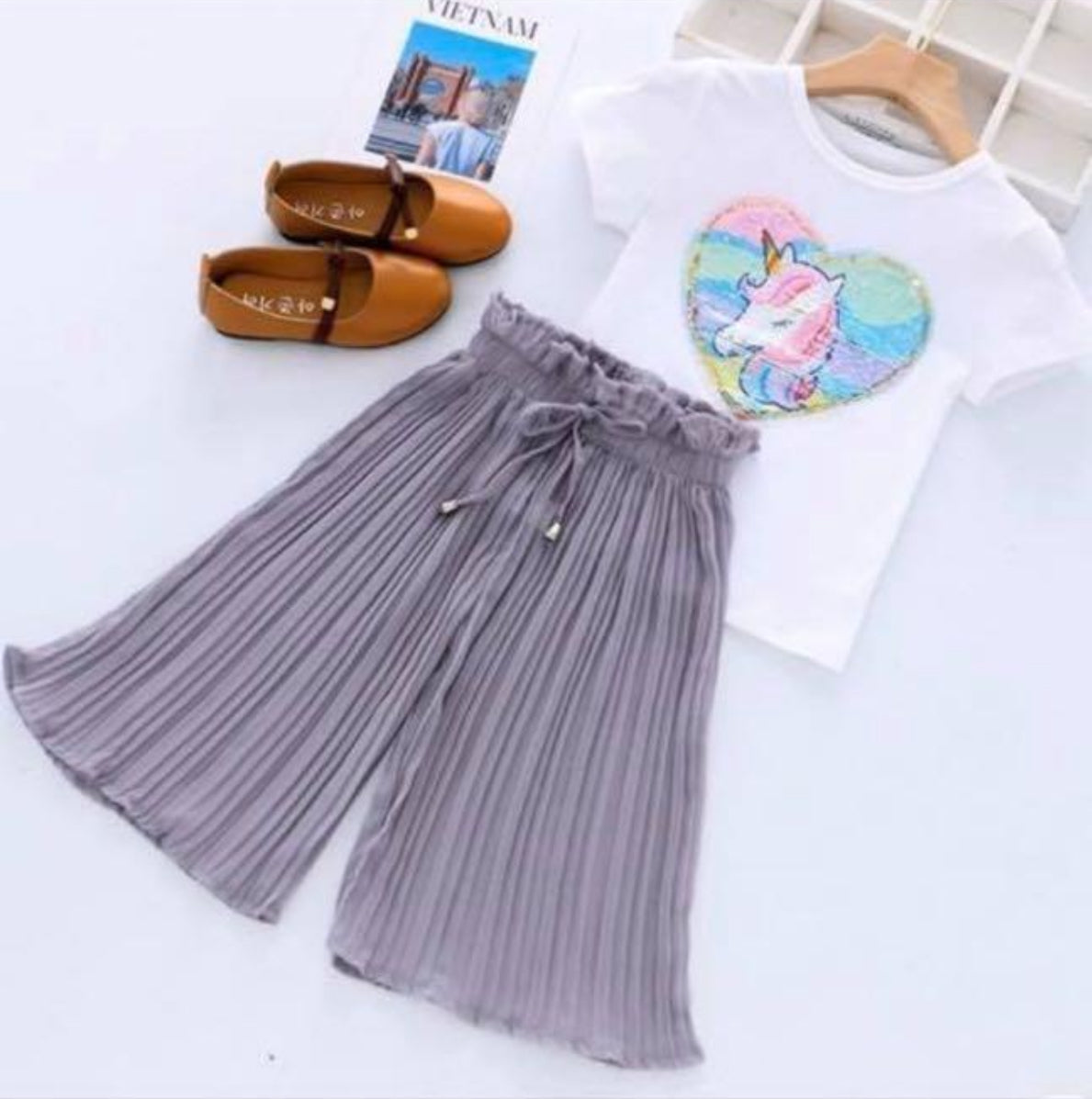 Unicorn Sequin Top with Palazzo Pants Set