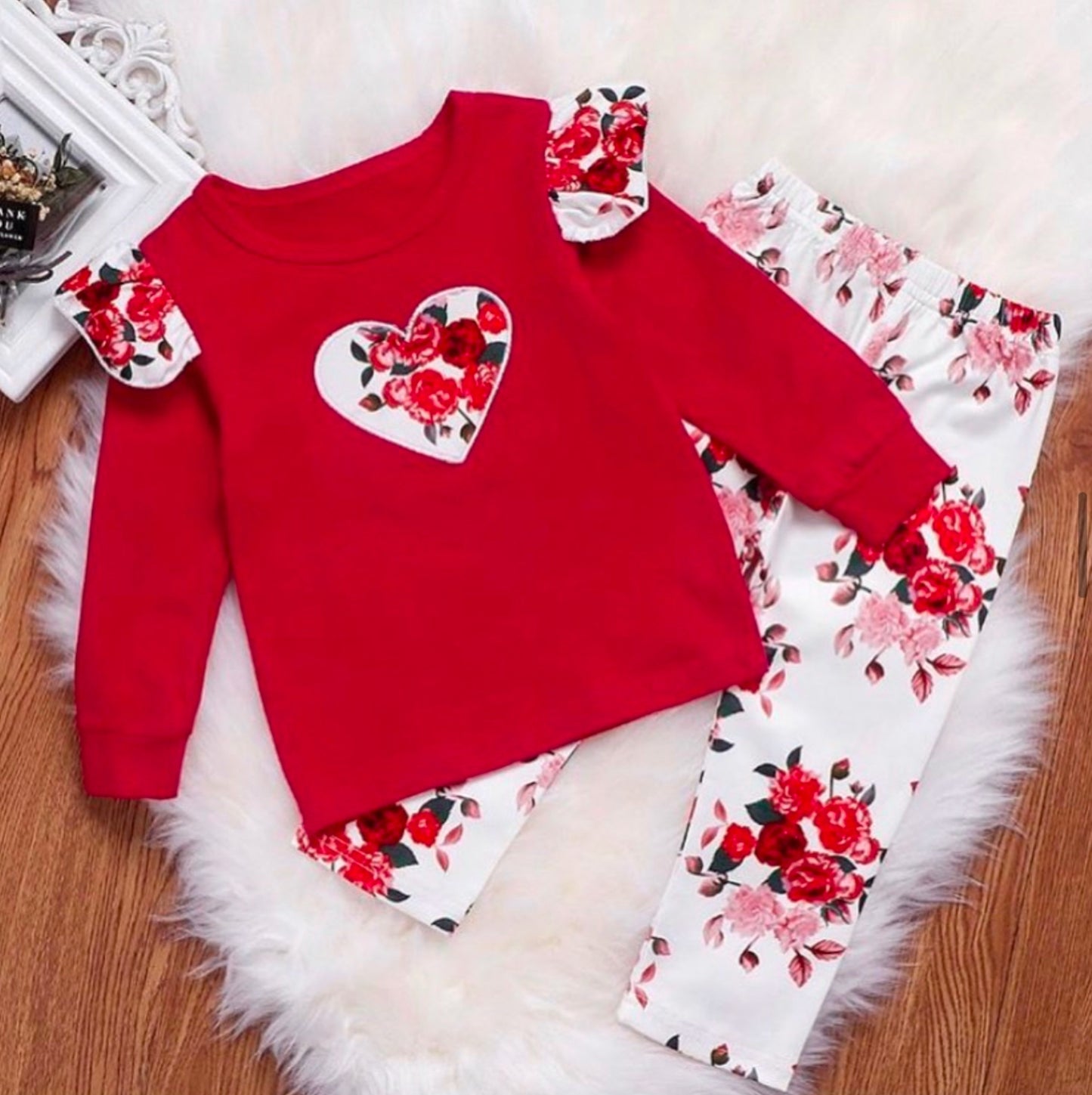 Red Top with White Floral Pants